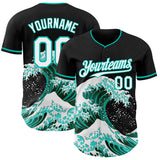 Custom Black White-Aqua Japanese Wave 3D Pattern Design Authentic Baseball Jersey