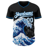 Custom Black White-Blue Japanese Wave 3D Pattern Design Authentic Baseball Jersey