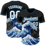 Custom Black White-Blue Japanese Wave 3D Pattern Design Authentic Baseball Jersey