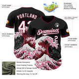 Custom Black White-Crimson Japanese Wave 3D Pattern Design Authentic Baseball Jersey