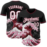Custom Black White-Crimson Japanese Wave 3D Pattern Design Authentic Baseball Jersey
