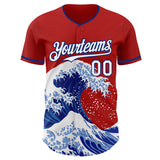 Custom Red White-Royal Japanese Wave 3D Pattern Design Authentic Baseball Jersey