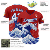 Custom Red White-Royal Japanese Wave 3D Pattern Design Authentic Baseball Jersey
