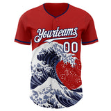 Custom Red White-Navy Japanese Wave 3D Pattern Design Authentic Baseball Jersey