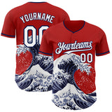 Custom Red White-Navy Japanese Wave 3D Pattern Design Authentic Baseball Jersey