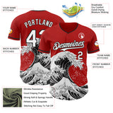 Custom Red White-Black Japanese Wave 3D Pattern Design Authentic Baseball Jersey