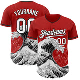 Custom Red White-Black Japanese Wave 3D Pattern Design Authentic Baseball Jersey