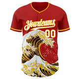 Custom Red White-Gold Japanese Wave 3D Pattern Design Authentic Baseball Jersey
