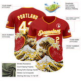 Custom Red White-Gold Japanese Wave 3D Pattern Design Authentic Baseball Jersey