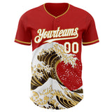 Custom Red White-Old Gold Japanese Wave 3D Pattern Design Authentic Baseball Jersey
