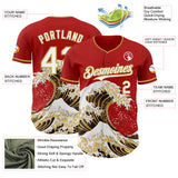 Custom Red White-Old Gold Japanese Wave 3D Pattern Design Authentic Baseball Jersey