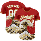 Custom Red White-Old Gold Japanese Wave 3D Pattern Design Authentic Baseball Jersey