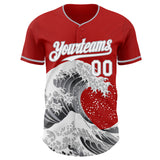 Custom Red White-Gray Japanese Wave 3D Pattern Design Authentic Baseball Jersey