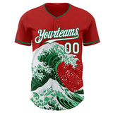 Custom Red White-Kelly Green Japanese Wave 3D Pattern Design Authentic Baseball Jersey