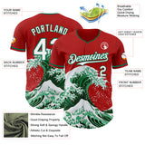 Custom Red White-Kelly Green Japanese Wave 3D Pattern Design Authentic Baseball Jersey
