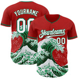Custom Red White-Kelly Green Japanese Wave 3D Pattern Design Authentic Baseball Jersey