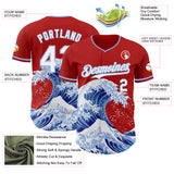 Custom Red White-Light Blue Japanese Wave 3D Pattern Design Authentic Baseball Jersey