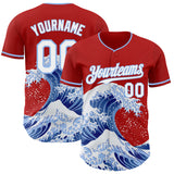 Custom Red White-Light Blue Japanese Wave 3D Pattern Design Authentic Baseball Jersey