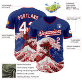 Custom Royal White-Red Japanese Wave 3D Pattern Design Authentic Baseball Jersey