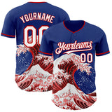 Custom Royal White-Red Japanese Wave 3D Pattern Design Authentic Baseball Jersey