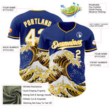 Custom Royal White-Gold Japanese Wave 3D Pattern Design Authentic Baseball Jersey