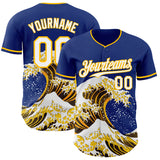 Custom Royal White-Gold Japanese Wave 3D Pattern Design Authentic Baseball Jersey
