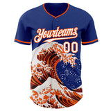 Custom Royal White-Orange Japanese Wave 3D Pattern Design Authentic Baseball Jersey