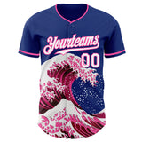 Custom Royal White-Pink Japanese Wave 3D Pattern Design Authentic Baseball Jersey