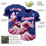 Custom Royal White-Pink Japanese Wave 3D Pattern Design Authentic Baseball Jersey
