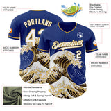 Custom Royal White-Old Gold Japanese Wave 3D Pattern Design Authentic Baseball Jersey