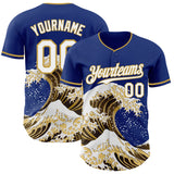 Custom Royal White-Old Gold Japanese Wave 3D Pattern Design Authentic Baseball Jersey