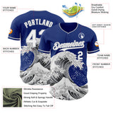 Custom Royal White-Gray Japanese Wave 3D Pattern Design Authentic Baseball Jersey