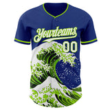 Custom Royal White-Neon Green Japanese Wave 3D Pattern Design Authentic Baseball Jersey