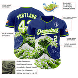 Custom Royal White-Neon Green Japanese Wave 3D Pattern Design Authentic Baseball Jersey