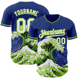 Custom Royal White-Neon Green Japanese Wave 3D Pattern Design Authentic Baseball Jersey