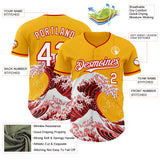 Custom Gold White-Red Japanese Wave 3D Pattern Design Authentic Baseball Jersey