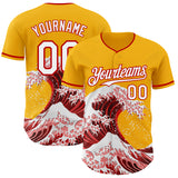 Custom Gold White-Red Japanese Wave 3D Pattern Design Authentic Baseball Jersey