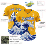 Custom Gold White-Royal Japanese Wave 3D Pattern Design Authentic Baseball Jersey