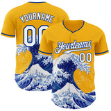 Custom Gold White-Royal Japanese Wave 3D Pattern Design Authentic Baseball Jersey