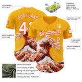 Custom Gold White-Orange Japanese Wave 3D Pattern Design Authentic Baseball Jersey