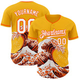 Custom Gold White-Orange Japanese Wave 3D Pattern Design Authentic Baseball Jersey