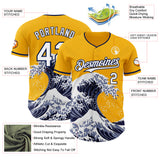 Custom Gold White-Navy Japanese Wave 3D Pattern Design Authentic Baseball Jersey