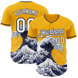 Custom Gold White-Navy Japanese Wave 3D Pattern Design Authentic Baseball Jersey