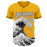 Custom Gold White-Black Japanese Wave 3D Pattern Design Authentic Baseball Jersey