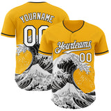 Custom Gold White-Black Japanese Wave 3D Pattern Design Authentic Baseball Jersey