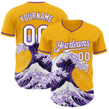 Custom Gold White-Purple Japanese Wave 3D Pattern Design Authentic Baseball Jersey