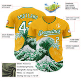 Custom Gold White-Kelly Green Japanese Wave 3D Pattern Design Authentic Baseball Jersey