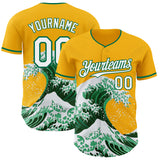 Custom Gold White-Kelly Green Japanese Wave 3D Pattern Design Authentic Baseball Jersey