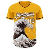 Custom Gold White-Brown Japanese Wave 3D Pattern Design Authentic Baseball Jersey