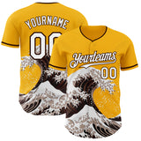 Custom Gold White-Brown Japanese Wave 3D Pattern Design Authentic Baseball Jersey